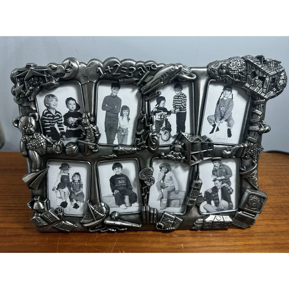 Kids Multi Photo Collage Frame 8 Opening Pewter School Theme Tabletop